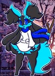 anthro black_body black_fur blue_body blue_eyes clothing dress female fur fusion pokemon_fusion scarf solo stick lewdchuu_(artist) nintendo pokemon braixen generation_4_pokemon generation_6_pokemon hybrid lucario pokemon_(species) hi_res