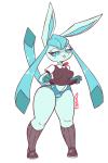 2:3 anthro anthrofied biped blue_eyes blush bottomwear breasts clothed clothing clothing_lift diives eeveelution female footwear fur generation_4_pokemon glacee_(diives) glaceon legwear mammal nintendo panties pokemon pokemon_(species) pokemorph school_uniform shoes simple_background skirt skirt_lift socks solo thick_thighs tongue tongue_out underwear uniform white_background wide_hips