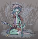 ambiguous_gender anthro biped clothing incense piercing sitting solo lulilaj lizard reptile scalie hi_res