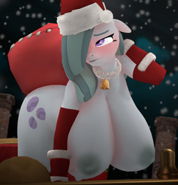 anthro areola big_breasts biped blush breasts christmas_clothing christmas_headwear clothing eyelashes female grey_body grey_hair hair hair_over_eye hat headgear headwear holidays huge_breasts legwear looking_back mostly_nude nipples pupils red_clothing santa_hat snow snowing solo thick_thighs thigh_highs purplefondue christmas friendship_is_magic hasbro my_little_pony marble_pie_(mlp) equid equine mammal 3d_(artwork) digital_media_(artwork) hi_res