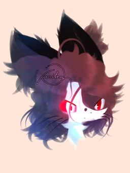 anthro black_ears black_nose brown_hair brown_inner_ear_fluff brown_markings fur hair heterochromia inner_ear_fluff kasika male male_anthro markings medium_hair multicolored_body multicolored_fur narrowed_eyes neck_tuft orange_background red_eyes red_sclera serious simple_background solo tuft white_body white_fur kat_(xammyxx) domestic_cat felid feline felis mammal 2026 3:4 headshot_portrait hi_res lineless portrait shaded signature watermark