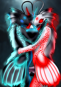ambiguous_penetration anthro big_breasts breast_squish breasts breasts_frottage duo genitals herm herm/herm holding_partner intersex intersex/intersex mutual_penetration penetration penis squish dragon1900 anglerfish aquatic fish hi_res