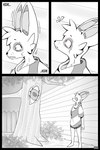 ambiguous_gender anthro bottomwear building clothing comic_panel eyeball fur grass hoodie house male markings motion_lines pattern_clothing plant red_eyes shorts solo spots spotted_body spotted_fur striped_clothing stripes sweater topwear tree window worried worried_look yumuyumu zinc_(yumuyumu) canid canine canis fox jackal mammal wolf 2:3 comic hi_res monochrome