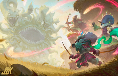 4_heads ambiguous_gender anthro armor arrow_(weapon) beak bottomwear bow_(weapon) candle casting_spell clothing day fantasy feral fight fire gloves grass group handwear headgear helmet holding_bow_(weapon) holding_melee_weapon holding_object holding_ranged_weapon holding_sword holding_weapon horn humanoid_pointy_ears magic melee_weapon multi_head open_mouth outside pants pink_eyes plant pointy_ears ranged_weapon sword tentacles weapon thatjaykart european_mythology greek_mythology mythology tales_from_myriad avian bird goblin humanoid hydra 2023 absurd_res digital_media_(artwork) hi_res official_art