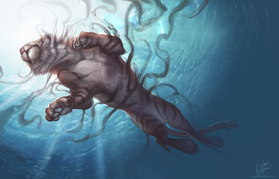 ambiguous_gender day feral fur orange_body orange_fur paws solo striped_body striped_fur stripes sun underwater water alectorfencer felid mammal pantherine tiger