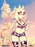 3:4 animal_print anthro boss_monster_(undertale) bovid bra breasts caprine choker cleavage clothed clothing cow_print cowbell female hueghost jewelry legwear mammal necklace panties solo stockings toriel undertale undertale_(series) underwear