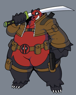 anthro belt bottomless bottomless_male clothed clothing fur grin jacket katana male melee_weapon multicolored_body multicolored_fur overweight sharp_teeth smile solo sword teeth topwear weapon imquitesleepy marvel pandapool bear giant_panda mammal absurd_res hi_res