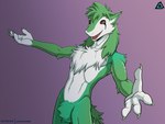 anthro claws fur green_body green_eyes green_fur hair looking_at_viewer male offering_hug open_mouth red_sclera simple_background smile solo tail teeth tongue white_body white_fur prismanoodle_(artist) mammal sergal 4:3 digital_media_(artwork) hi_res