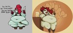 alcohol anthro beer belly belly_overhang beverage big_belly breasts burping female green_body green_skin hair overweight overweight_anthro overweight_female red_hair simple_background small_breasts solo text thick_thighs wide_hips maniacalfork goblin humanoid imp 2023