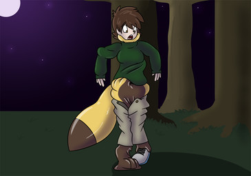 anthro bottomwear breast_growth breasts brown_clothing brown_eyes brown_hair brown_sweater brown_topwear clothing dream duo female forced forced_transformation forest fth_transformation fti_transformation gender_transformation goo_transformation growth hair latex latex_clothing latex_skinsuit latex_transformation orange_bottomwear orange_clothing orange_pants pants plant skinsuit sweater tight_clothing topwear transformation tree fox0808 topaz_(rismic) canid canine fox goo_creature human mammal