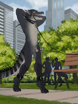 anthro balls bench chastity_cage chastity_device city collar cuffed_ankles detailed_background gag gagged genitals grass group hands_behind_head humiliation humiliation_fetish leash leashed_collar light male male_anthro open_mouth open_mouth_gag park park_bench penis plant public public_humiliation public_nudity ring_gag solo_focus submissive submissive_anthro submissive_male sunlight tree trio walkies walking wearing_chastity_cage wearing_chastity_device junkieboi crocodile crocodilian reptile scalie hi_res