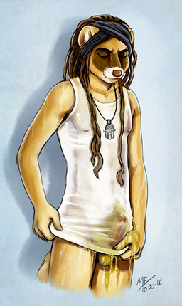 anthro balls bodily_fluids bottomless clothed clothing erection genital_fluids genitals male peeing penis shirt solo topwear urine wet wetting white_clothing white_shirt white_topwear moodyferret idan mammal mustelid musteline siberian_weasel true_musteline weasel