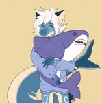 anthro blue_eyes clothing female fin hair notched_ear plushie simple_background sleepwear solo standing sweater tail tail_fin topwear white_hair young young_anthro unknown_artist fish marine shark