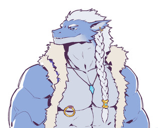 abs anthro biceps big_muscles blue_body blue_countershading blue_eyes blue_hair blue_inner_ear braided_hair clothed clothed_anthro clothed_male clothing countershade_face countershade_neck countershade_torso countershading deltoids ear_piercing ear_ring front_view hair jewelry looking_aside male mostly_nude mostly_nude_anthro mostly_nude_male muscular muscular_anthro muscular_male nipple_piercing nipple_ring nipples non-mammal_nipples open_mouth open_smile pecs pendant piercing pointy_ears pupils ring_piercing simple_background smile snout solo tan_clothing tan_topwear topwear white_background white_sclera kingarthur_i unknown_species 2024 aliasing binary_drawing digital_drawing_(artwork) digital_media_(artwork) half-length_portrait hi_res portrait