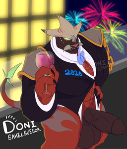 abs alcohol anthro balls beverage black_tie_(suit) bow_tie clothing container cup drinking_glass erection fireworks genitals glass glass_container glass_cup holidays horn male markings penis presenting presenting_penis smile solo spikes suit vein veiny_penis wine wine_glass donisette mythology new_year new_year_2026 tatsurion_the_unchained armored_dragon_(kaijudo) beast_kin dragon hybrid mythological_creature mythological_scalie quillspike scalie absurd_res hi_res