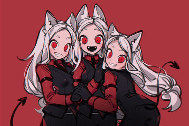 armband belt bottomwear breasts butt clothing eyebrows fangs female group hair hand_holding long_hair looking_at_viewer necktie open_mouth pants red_background red_eyes shirt simple_background smile spade_tail tail teeth topwear vest white_body white_eyebrows white_hair white_skin 217sian helltaker cerberus_(helltaker) animal_humanoid canid canid_humanoid canine canine_humanoid demon demon_humanoid dog_humanoid humanoid mammal mammal_humanoid hi_res