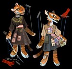 ambiguous_gender anthro barefoot belly black_background black_stripes brown_clothing brown_dress clothing cross dress feet holding_clothing holding_dress holding_melee_weapon holding_object holding_sword holding_weapon inner_ear_fluff jewelry looking_at_viewer melee_weapon necklace open_mouth orange_body patch_(fabric) paws puppet puppet_strings sharp_teeth simple_background solo standing striped_body stripes sword tail teeth tuft weapon white_belly white_inner_ear_fluff yellow_sclera max-thinks-dogs felid mammal pantherine tiger digital_media_(artwork) hi_res