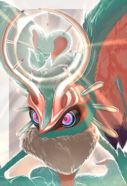 ambiguous_gender anthro antlers big_ears biped bipedal_feral black_sclera blush blush_stickers border chest_tuft countershade_torso countershading curled_up digitigrade dipstick_tail duo eyes_closed feral fetal_pose fluffy fluffy_tail fur glistening glistening_body glistening_fur grey_background head_wings horn huge_wings light light_beam markings mouthless multicolored_body multicolored_eyes multicolored_fur neck_tuft notched_ear orange_body orange_fur outside_border pink_eyes pupils semi-anthro simple_background size_difference tail tail_markings tan_body tan_fur teal_body teal_eyes teal_fur three-quarter_view tuft unusual_wing_placement white_border wings zakobennki kirby_(series) kirby_and_the_forgotten_land nintendo elfilin fecto_elfilis alien chinchilla chinchillid mammal rodent starling_(kirby) 2026 digital_drawing_(artwork) digital_media_(artwork) half-length_portrait hi_res portrait male_(lore)