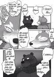 angry anthro bear big_bad_wolf blush canid canine canis comic dialogue duo english_text fairy_tales greyscale hi_res little_red_riding_hood_(copyright) love male male/male mammal maririn monochrome nude romantic romantic_couple text wolf