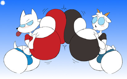 anthro bar_emanata big_breasts blush blush_lines bottomwear breast_expansion breast_squish breast_to_breast breasts bulge chin_tuft clothing crop_top curvy_figure duo emanata expansion eyelashes eyewear facial_tuft femboy flash_emanata fur glasses gynomorph hand_on_own_breast head_tuft horn huge_breasts hyper hyper_breasts intersex logo midriff navel shirt shorts spherical_breasts squish text thick_thighs thong_straps tongue tongue_out topwear tuft white_body white_fur wide_hips thatdawgmurray bovid canid canine canis caprine domestic_dog goat mammal aliasing artist_logo artist_name digital_media_(artwork) hi_res signature