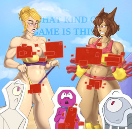 1_eye 5_fingers accessory big_breasts bikini black_eyes blonde_hair blue_necktie bodily_fluids breast_expansion breasts brown_body brown_fur brown_hair clothing convenient_censorship duo_focus expansion eyebrows fangs female fingers frown fur glitch_effect group hair hair_bun heart_tongue huge_breasts ineffective_clothing light_body light_skin lipstick looking_down looking_up machine makeup necktie pink_bikini pink_clothing pink_swimwear purple_bikini purple_body purple_clothing purple_eyes purple_lipstick purple_scales purple_swimwear purple_tongue raised_eyebrows red_eyes scales sharp_teeth surprised sweat swimwear tan_body tan_skin teeth text thick_thighs tight_clothing tongue torn_clothing two-piece_swimsuit yellow_bikini yellow_clothing yellow_sclera yellow_swimwear huktol gameoverse glitch_productions fold_(gameoverse) gobbles_(gameoverse) kaboodle_(gameoverse) kit_bodega miss_information animal_humanoid cat_humanoid dinosaur felid felid_humanoid feline feline_humanoid humanoid mammal mammal_humanoid paper_creature prehistoric_species reptile robot scalie 2026 absurd_res english_text hi_res