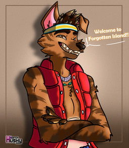 anthro button_(fastener) claws clothing exposed_belly floppy_ears jacket jewelry male necklace pawpads smile smirk solo stripes sweatband teeth topwear north_husky raww_(forgotten_island) canid canine canis domestic_dog mammal