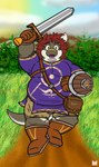 anthro bag boots buckler clothing footwear hair horn jumping male melee_weapon overweight overweight_male red_hair shield shoes slightly_chubby slightly_chubby_male solo sword tail weapon red_panda_mirr mythology kirr_(red_panda_mirr) dragon mythological_creature mythological_scalie scalie absurd_res hi_res