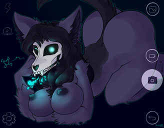 anthro arched_back areola ass_up bent_over big_butt black_hair black_sclera blue_eyes bone breasts butt butt_from_the_front female hair looking_at_viewer nipples nude one_eye_closed skull skull_head wink winking_at_viewer conditional_dnp skoon scp_foundation scp-1471-a canid canine canis ghost malo mammal monster spirit wolf absurd_res hi_res