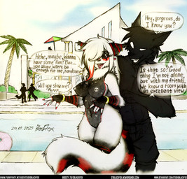 anthro areola barbell_piercing bedroom_eyes big_breasts black_body black_eyeshadow black_fur breasts chest_tuft claws clothed clothing corruption dialogue duo_focus eyelashes eyeshadow female fluffy fluffy_tail fur glistening_eyelids group hair half-closed_eyes long_eyelashes makeup male male/female multicolored_body multicolored_fur multicolored_hair narrowed_eyes nipple_piercing nipples nude partially_clothed piercing red_body red_fur seductive silhouette tail teasing teeth text thick_thighs tongue tongue_out tongue_piercing tuft white_body white_fur studioblackfox background_character wisper_(nevajedelo) canid canine canis domestic_cat felid feline felis mammal wolf digital_drawing_(artwork) digital_media_(artwork) english_text hi_res mixed_media traditional_media_(artwork) url