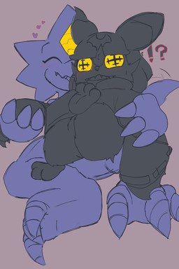 anthro blush cape claws clothing duo embarrassed heart_symbol male male/male on_lap pupils unusual_pupils yellow_eyes yogurtpubes bandai_namco digimon digimon_beatbreak chiropmon digimon_(species) monodramon scalie absurd_res hi_res
