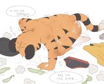 anthro bodily_fluids bruised clothing clothing_aside cum genital_fluids male masturbation solo sweat underwear underwear_aside latotabo tiger_boy_(latotabo) felid mammal pantherine tiger