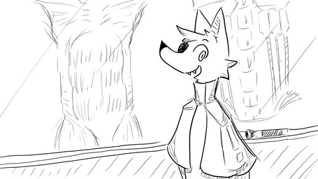 anatomical_diagram anthro cape clothing duo eye_patch eyewear male marker military_uniform sharp_teeth smile solo teeth uniform whiteboard dragonweirdo kimera_(dragonweirdo) canid canine canis mammal wolf comic hi_res