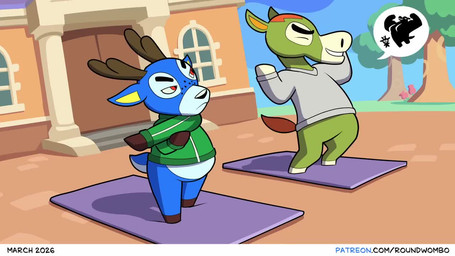 anthro antlers belly belly_squish big_belly big_butt blue_body blue_fur blue_sky butt clothing duo food fruit fur green_body green_fur gym_mat horn huge_belly huge_butt jacket laugh male moobs morbidly_obese morbidly_obese_anthro multiple_poses obese obese_anthro overweight overweight_anthro peach_(fruit) plant pose shocked size_difference sky squish topwear training tree weight_gain roundwombo animal_crossing nintendo bam_(animal_crossing) buck_(animal_crossing) deer equid equine horse mammal 16:9 2026 animated no_sound short_playtime video widescreen