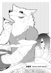 anthro clothing cooking duo female food fur kemono licking licking_lips looking_at_viewer looking_up male salad soup sweater text tongue tongue_out topwear third-party_edit yakantuzura lila_(kashiwagi_aki) zinovy canid canine canis human mammal comic english_text greyscale hard_translated hi_res japanese_text monochrome translated translation_edit