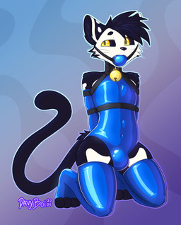 anthro arm_tuft armbinder arms_tied armwear ball_gag bdsm bell bell_collar bent_legs binder_(restraint) bodily_fluids bondage bondage_gear bone bound bulge chest_harness clothing collar drool_on_gag drooling femboy fur fur_markings gag gagged hair hands_behind_back harness inner_ear_fluff kneeling latex latex_armwear latex_clothing latex_legwear legwear looking_at_viewer male markings restraints saliva shoulder_tuft solo tail tuft whiskers davyboi bone_jovi domestic_cat felid feline felis mammal hi_res