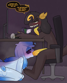 bodily_fluids chair fellatio female furniture gaming genital_fluids genitals half-closed_eyes kneeling male male/female monster_energy_can narrowed_eyes on_chair oral penile penis sex sharp_teeth sitting sitting_on_chair speech_bubble teeth text tongue tongue_out under_table urine watersports yellow_penis crushpepper english_text hi_res tagme brother_(lore) brother_and_sister_(lore) incest_(lore) sibling_(lore) sister_(lore)