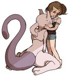 2019 absurd_res ambiguous_gender biped blush brown_eyes brown_hair clothed clothing digital_media_(artwork) duo elaine_(pokemon) eyes_closed female generation_1_pokemon hair hi_res human ikutasemi legendary_pokemon mammal mewtwo nintendo pokemon pokemon:_let's_go pokemon_(species) simple_background smile standing white_background young