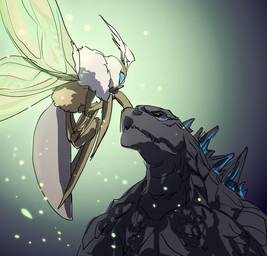 ambiguous_gender antennae_(anatomy) black_body blue_eyes duo eye_contact flying green_background looking_at_another simple_background size_difference wings coneshait godzilla_(series) monsterverse mothra_(series) toho godzilla mothra arthropod insect kaiju lepidopteran moth hi_res