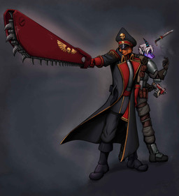anthro armor backpack bone chainsword clothing coat commissar dagger duo hair hat headgear headwear knife male male/male melee_weapon skull topwear weapon white_hair za-owl mythology warhammer_(franchise) warhammer_40000 grydir_dacanoor_(griffonki) cheetah dragon felid feline mammal mythological_creature mythological_scalie scalie absurd_res hi_res