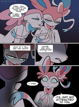 anthro anthrofied black_background black_nose black_text blue_eyelashes blue_eyes blue_inner_ear chest_markings dialogue duo eyelashes eyes_closed female frown fur gradient_background heart_(marking) looking_at_another looking_down male markings nude nude_anthro nude_female nude_male open_mouth pink_body pink_ears pink_fur pink_inner_ear pink_markings pokemorph pupils purring red_nose ribbons_(anatomy) simple_background smile speech_bubble text white_body white_fur white_pupils white_sclera white_speech_bubble odeko-yma nintendo pokemon pix_(odeko-yma) eeveelution generation_6_pokemon pokemon_(species) sylveon 2026 absurd_res artist_name comic english_text hi_res
