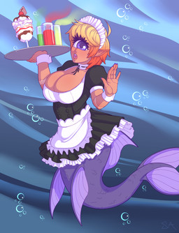 1_eye beverage breasts bubble cleavage clothed clothing eyelashes female hair holding_object humanoid_pointy_ears looking_at_viewer maid_uniform milkshake multicolored_hair open_mouth pointy_ears purple_eyes short_hair solo split_form two_tone_hair underwater uniform water souladdicted viviana_(souladdicted) aquatic cyclops merfolk 2018 absurd_res digital_media_(artwork) hi_res