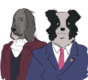 anthro belly black_body black_eyes black_fur black_nose blue_clothing blue_suit clothing collared_shirt cravat duo floppy_ears fur grey_body grey_fur looking_at_another lop_ears male necktie red_clothing red_necktie red_suit shirt simple_background smile suit topwear whiskers white_background white_belly white_clothing white_sclera white_shirt white_topwear exaltedfuzz ace_attorney capcom miles_edgeworth phoenix_wright basset_hound border_collie canid canine canis collie domestic_dog herding_dog hunting_dog mammal pastoral_dog scent_hound sheepdog hi_res