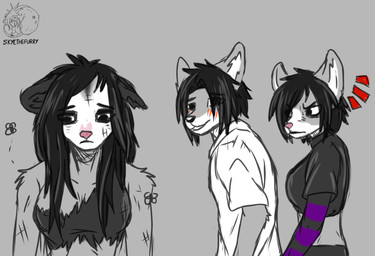 anthro black_eyes black_hair black_nose clothing female fur grey_body grey_fur group hair male pink_nose trio white_body white_fur allartskye distracted_boyfriend evelyne_(allartskye) kia_(allartskye) skye_(allartskye) american_opossum canid canine canis domestic_cat felid feline felis mammal marsupial wolf hi_res meme