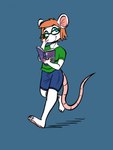 3_toes anthro barefoot blue_eyes book bottomwear clothing feet female fur hair reading red_hair shirt shorts smile solo t-shirt toes topwear walking white_body white_fur fennicthefox redwall occam_(character) mammal mouse murid murine rodent 3:4 hi_res