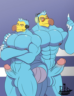 abs anthro areola balls barazoku beak big_balls big_penis biped blue_body blue_feathers crossed_arms duo electronics erection eyewear feathers fingers front_view genitals glans hand_on_shoulder headgear headphones headset huge_penis humanoid_genitalia humanoid_hands humanoid_penis looking_at_viewer male male/male muscular muscular_anthro muscular_arms muscular_legs muscular_male muscular_on_muscular navel nipples non-mammal_balls non-mammal_nipples nude_anthro nude_male pecs penis pose side_hug simple_background smile smirk standing sunglasses text vein veiny_penis yellow_body elpiratalakshm1 animal_crossing dodo_airlines_(animal_crossing) nintendo orville_(animal_crossing) wilbur_(animal_crossing) avian bird columbid dodo recently_extinct_species 2020 absurd_res artist_name colored hi_res pinup portrait shaded three-quarter_portrait brother_(lore) brothers_(lore) sibling_(lore)