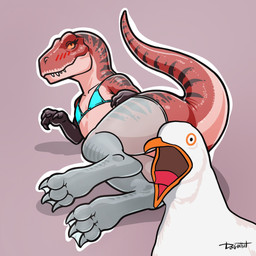 3_fingers 3_toes bikini bikini_top blush censored_genitalia claws clothed clothed_feral clothing convenient_censorship duo feet female feral fingers legwear raised_tail red_body simple_background smile stockings swimwear tail teeth thigh_highs toe_claws toes two-piece_swimsuit dog_in_hat doginhat avian bird dinosaur gull lari larid prehistoric_species reptile scalie theropod 1:1 censored digital_media_(artwork) hi_res