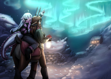 antlers aurora_(phenomenon) axolotl_tail breasts clothing cozy duo female fur gloves hair handwear horn mount night outside purple_eyes sky snow white_hair lizzard_sama european_mythology greek_mythology mythology thynias_(thynias) amphibian aquatic axolotl centaur equid equid_taur humanoid humanoid_taur mammal mammal_taur mole_salamander salamander taur absurd_res hi_res