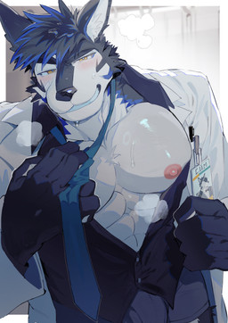 abs accessory adjusting_clothing anthro barazoku bedroom_eyes big_bulge biped black_body black_fur black_hair blue_body blue_fur blue_hair blue_necktie blush bulge chest_tuft clothed clothing coat confident formal_wear front_view fur hair half-closed_eyes hand_on_tie id_card inside lab_coat looking_at_viewer male male_anthro multicolored_hair muscular muscular_male name_tag narrowed_eyes necktie office_attire open_lab_coat open_suit partially_clothed pecs seductive shirtless smile smirk solo spiky_hair standing suit topwear tuft vest white_body white_fur yellow_eyes nyarusanlove thunderrangers archermagnum canid canine canis mammal wolf absurd_res half-length_portrait hi_res portrait