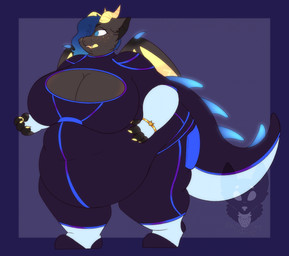 anthro back_wings belly big_belly big_breasts biped black_body black_fur black_inner_ear black_wings blue_hair blue_spikes bodysuit breasts claws clothing female female_anthro freckled_face freckles fur glowing glowing_spikes hair hair_over_eye membrane_(anatomy) membranous_wings obese obese_anthro obese_female orange_claws orange_freckles orange_membrane orange_wings overweight overweight_anthro overweight_female skinsuit solo spikes spikes_(anatomy) tail thick_tail thick_thighs tight_clothing wings strawberrymilkdog mythology iris_(frenchiekrueger) dragon furred_dragon furred_scalie mythological_creature mythological_scalie scalie hi_res
