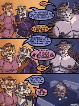 abs anthro barbell_piercing bathrobe bed biped blue_eyes clothed clothing colored_nails dialogue ear_piercing electronics eyebrow_piercing facial_piercing female fur furniture group jockstrap jockstrap_only male muscular muscular_anthro muscular_male nails nipples open_mouth open_smile orange_body orange_fur pajamas pecs phone phone_call piercing robe smile speech_bubble striped_body striped_fur stripes tail text topless topless_anthro topless_male trio underwear underwear_only white_body white_fur yellow_eyes nanoff miles_(nanoff) xavier_(nanoff) felid mammal pantherine tiger 2026 3:4 comic english_text hi_res multiple_scenes father_(lore) father_and_child_(lore) father_and_son_(lore) mother_(lore) mother_and_child_(lore) mother_and_son_(lore) parent_(lore) parent_and_child_(lore) parent_and_son_(lore) son_(lore)
